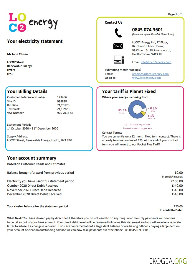 United Kingdom LoCO2 Energy utility bill template in Word and PDF format